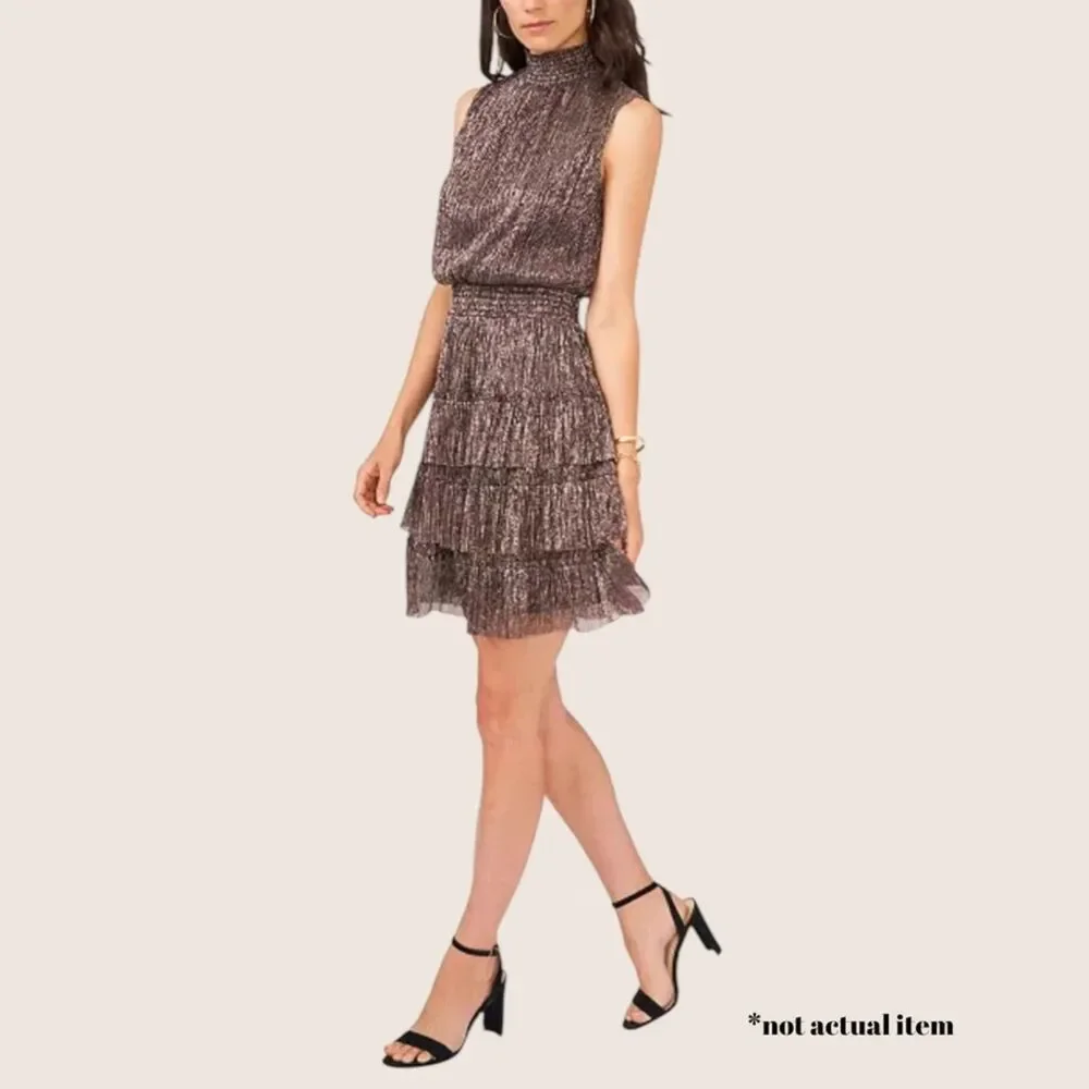 🌟 1 STATE METALLIC TIERED SMOCKED WAIST PUFF SHORT SLEEVE FULLY LINED DRESS XS - Picture 2 of 8